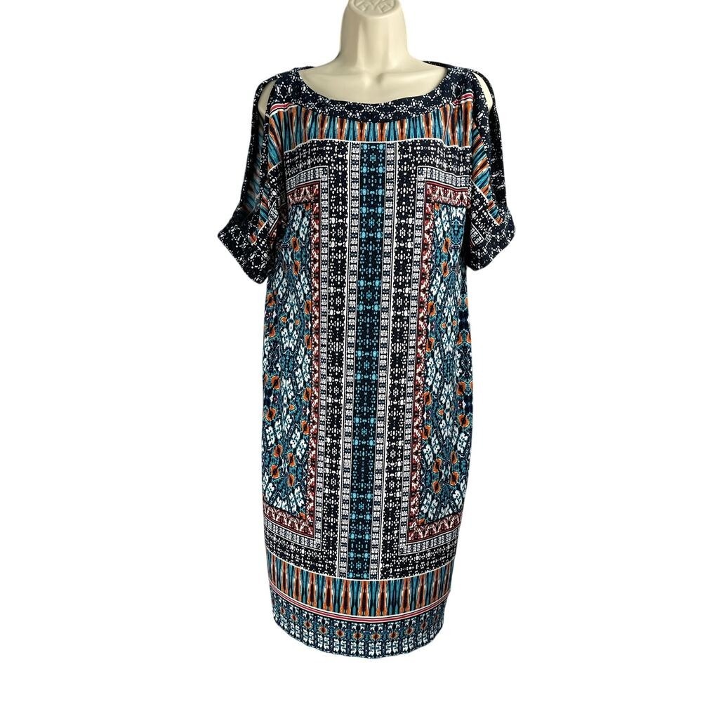 Chicos Dress Womens 1 / US Medium Navy Turquoise Tribal Geometric Cold Shoulder